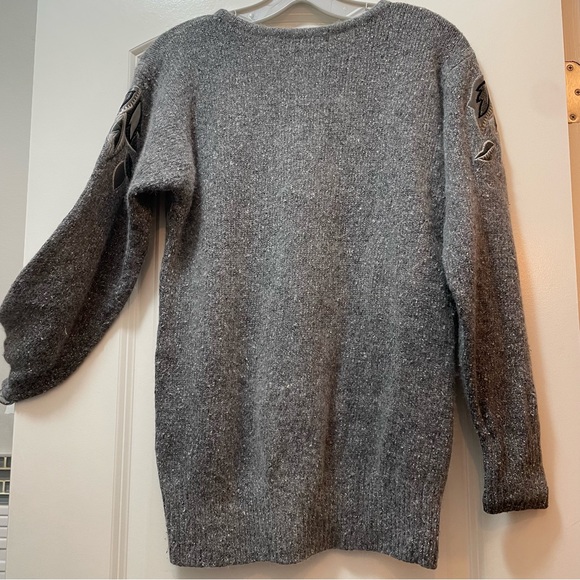 Silk/Wool oversized sweater grey floral faux leather floral S - Picture 11 of 13